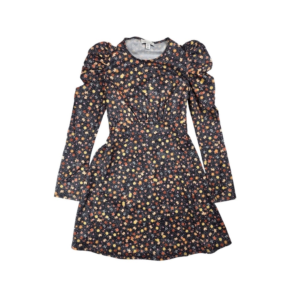 Topshop Navy Floral Print Puff L/Sleeve Round Neck Mini Dress Women's Size 2